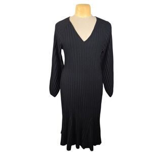 Donna Karan Ribbed Knit V-Neck Midi Dress Womens Large Black Quiet Luxury Office